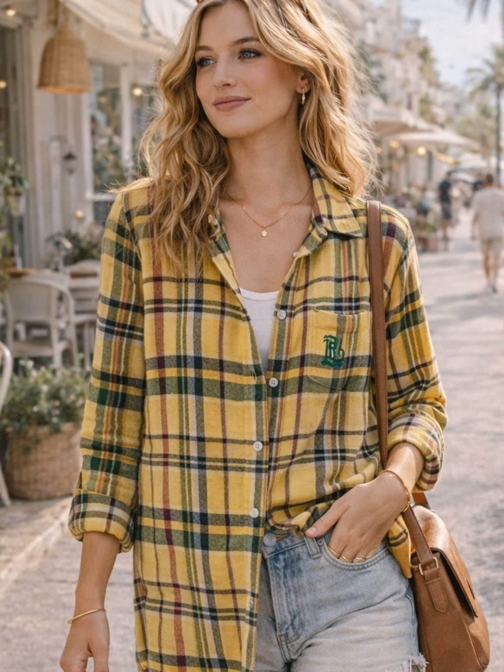 Lauren Ralph Lauren Plaid Button Down Shirt Yellow Cotton Preppy Casual M